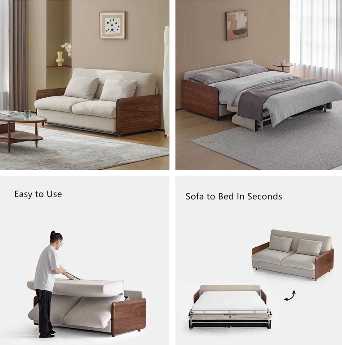 Light Luxury Walnut Wood Armrest Sleeper Sofa Bed with Mattress