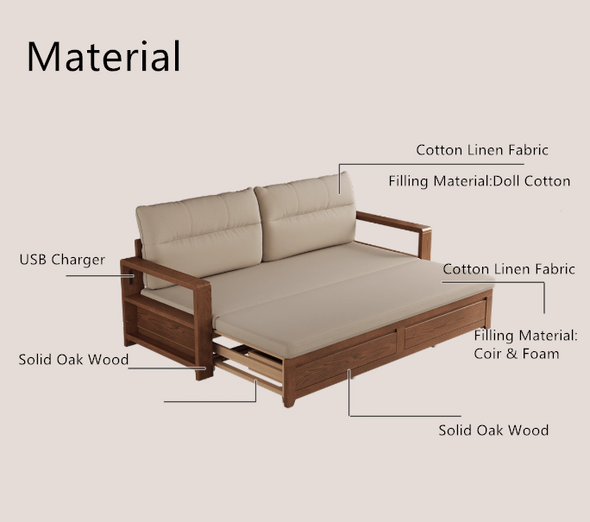 Solid Wood Pull Out Sofa Bed with Underneath Storage Drawers