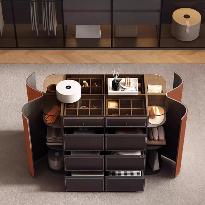 Modern Closet Island Storage Cabinet with Brown Tempered Glass Top ...