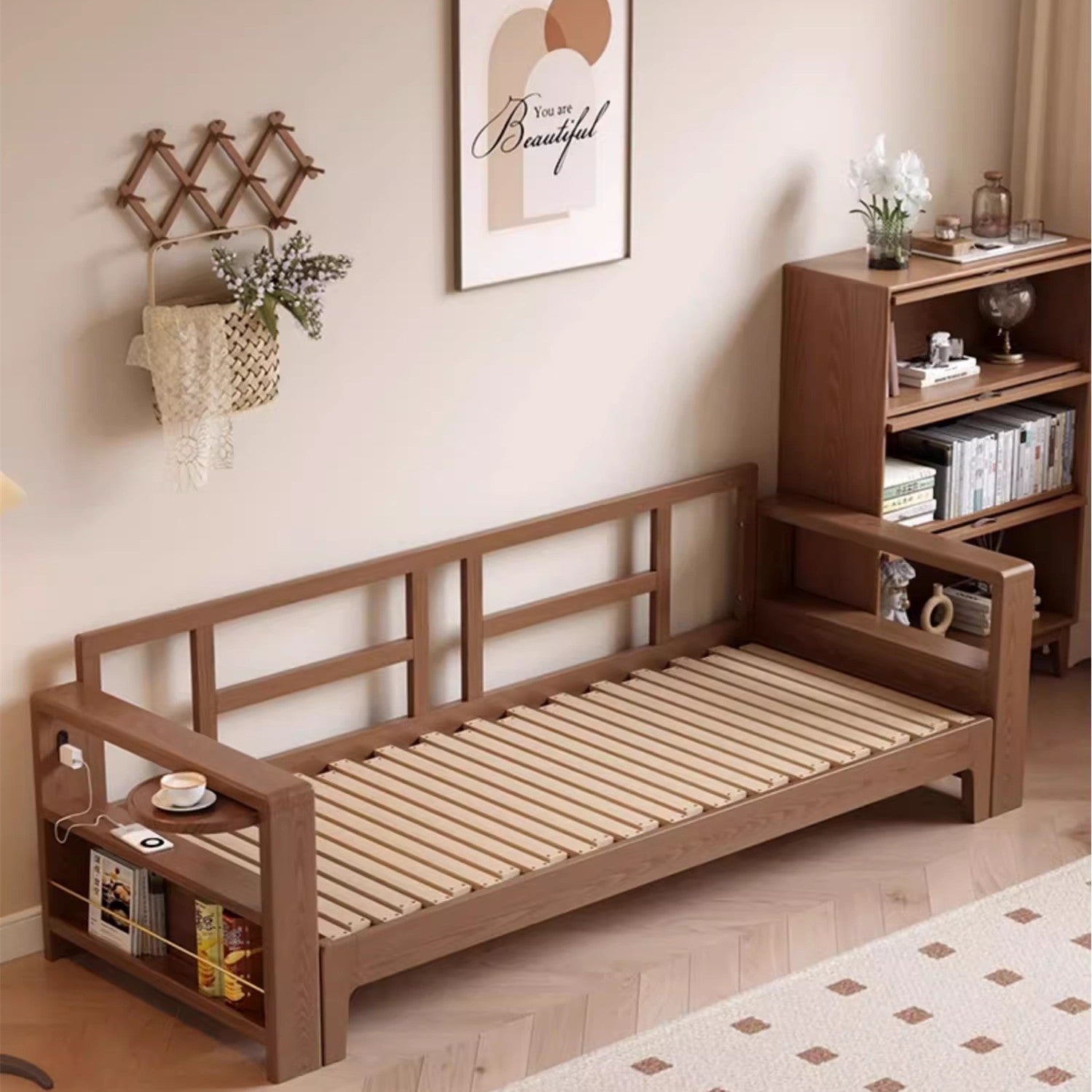 Multifunctional Retractable Sofa Bed with Wide Armrest and Storage