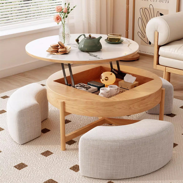 Lift Top Round Coffee Table with Storage and Ottomans