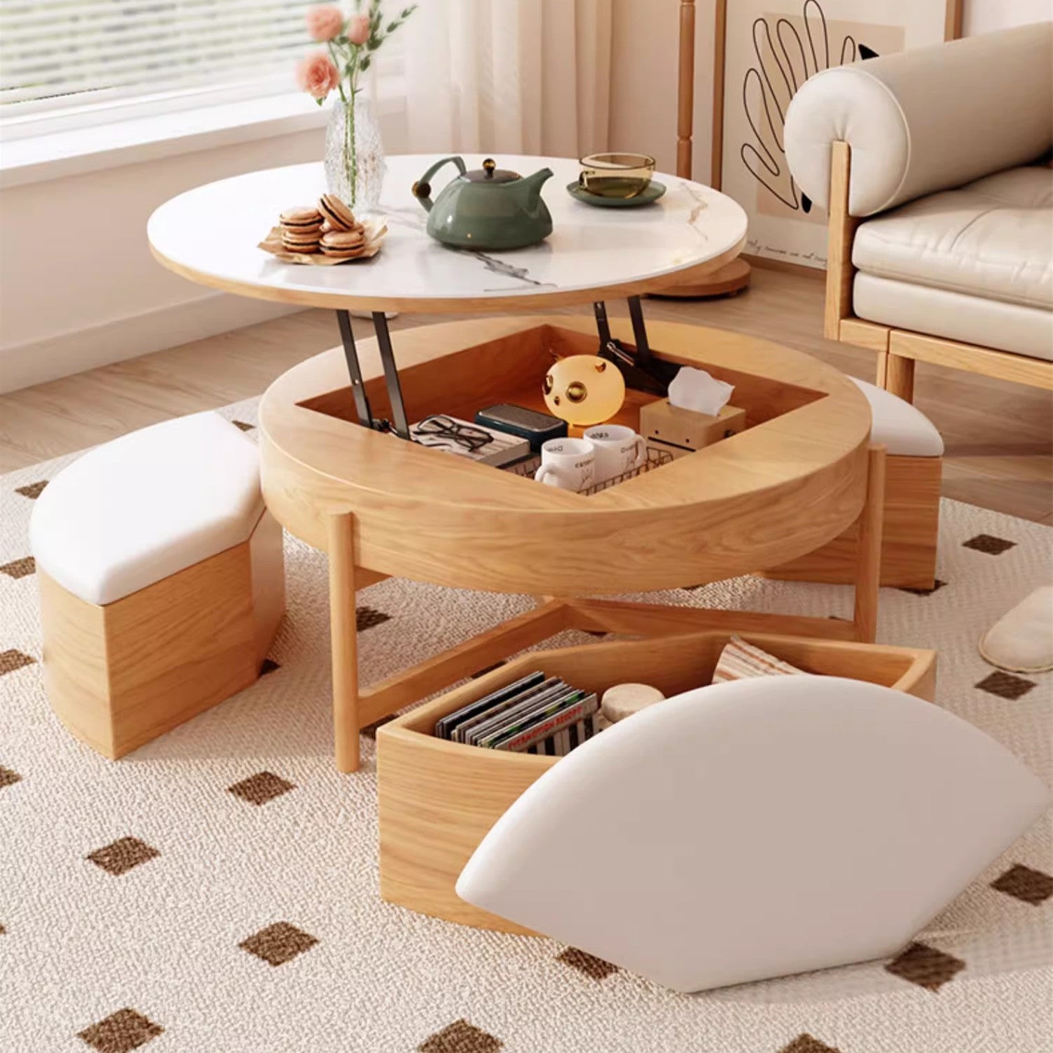 Wooden Round Coffee Table with Lift Top