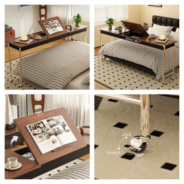 Over Bed Table with Tiltable Tabletop & Universal Wheels