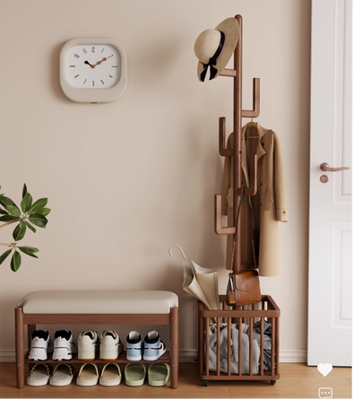 Solid Wood Cactus Coat Rack with Basket and Universal Wheels