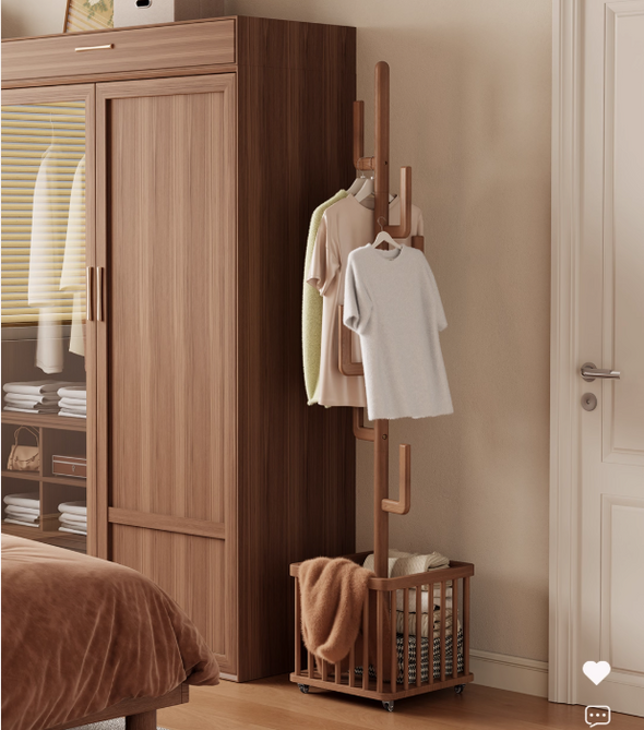 Solid Wood Cactus Coat Rack with Basket and Universal Wheels