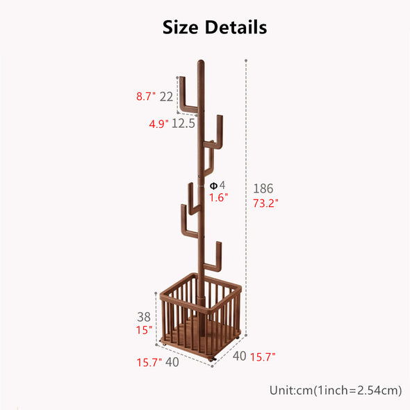 Solid Wood Cactus Coat Rack with Basket and Universal Wheels