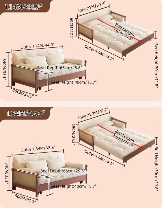 Rattan Weaving Armrest Chenille Fabric 3-in-1 Sofa Bed with Underneath Storage