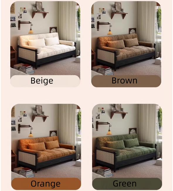 Rattan Weaving Armrest Chenille Fabric 3-in-1 Sofa Bed with Underneath Storage