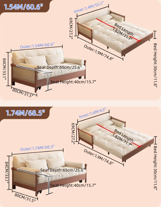 Rattan Weaving Armrest Chenille Fabric 3-in-1 Sofa Bed with Underneath Storage