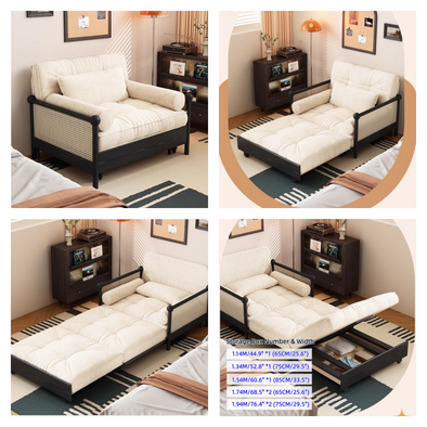 Rattan Weaving Armrest Chenille Fabric 3-in-1 Sofa Bed with Underneath Storage