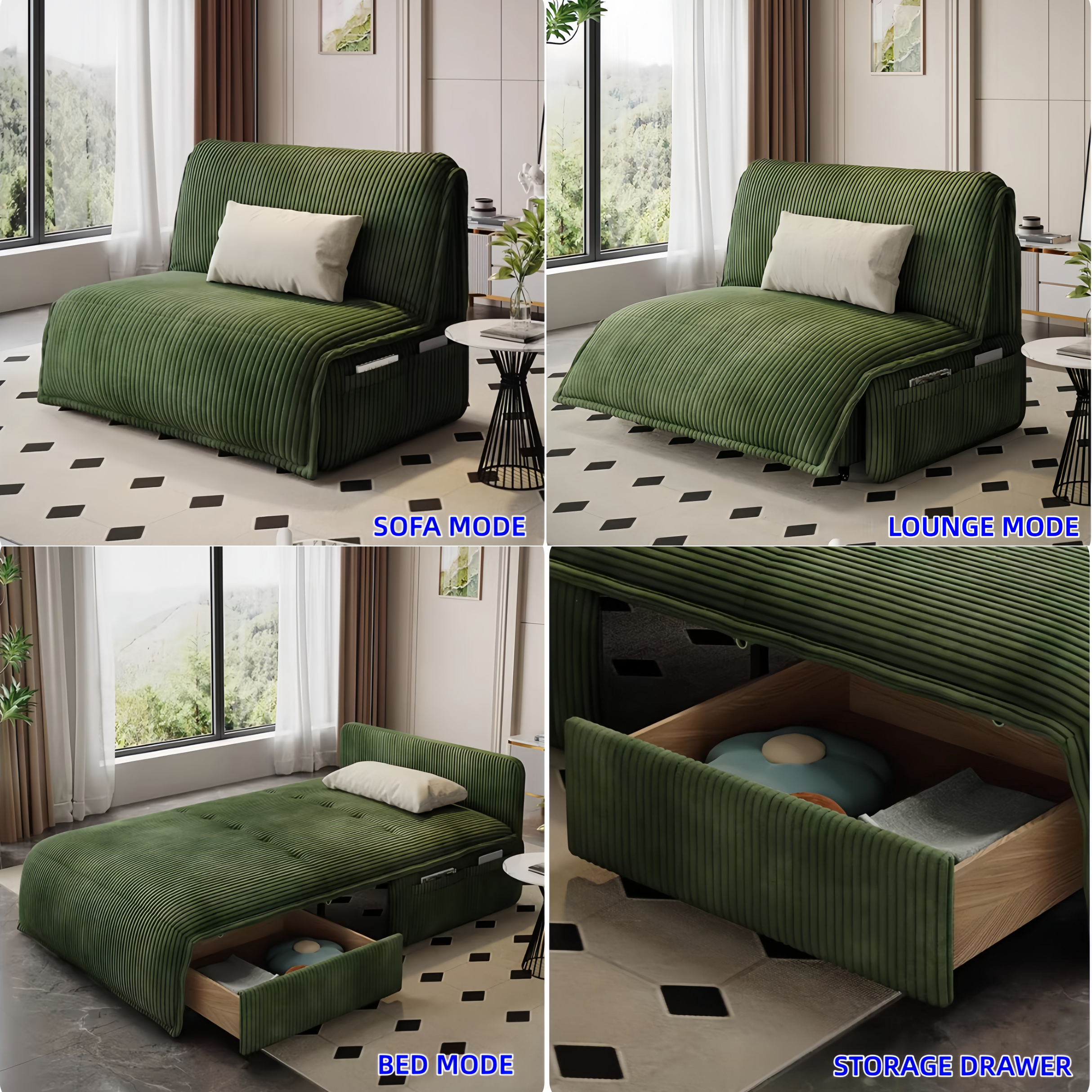 Remote Controlled Electric Corduroy Fabric Sofa Bed with Storage Drawe ...