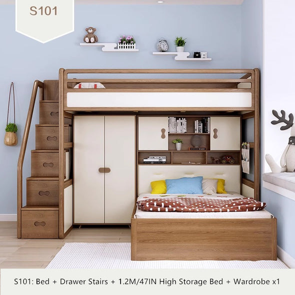 Solid Ash Wood Loft Bed with High Storage Bed Wardrobe and Drawer Stairs  and Desk Combination