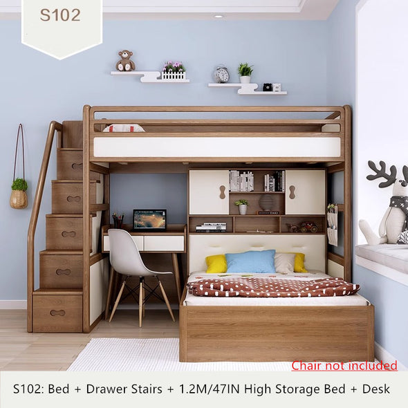 Solid Ash Wood Loft Bed with High Storage Bed Wardrobe and Drawer Stairs  and Desk Combination