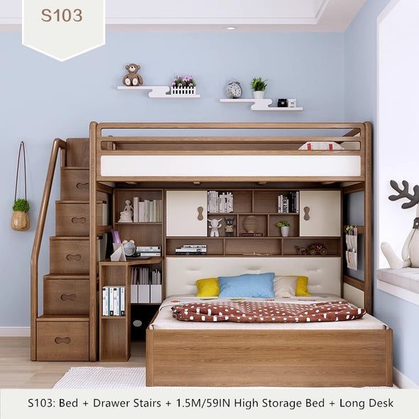 Solid Ash Wood Loft Bed with High Storage Bed Wardrobe and Drawer Stairs  and Desk Combination