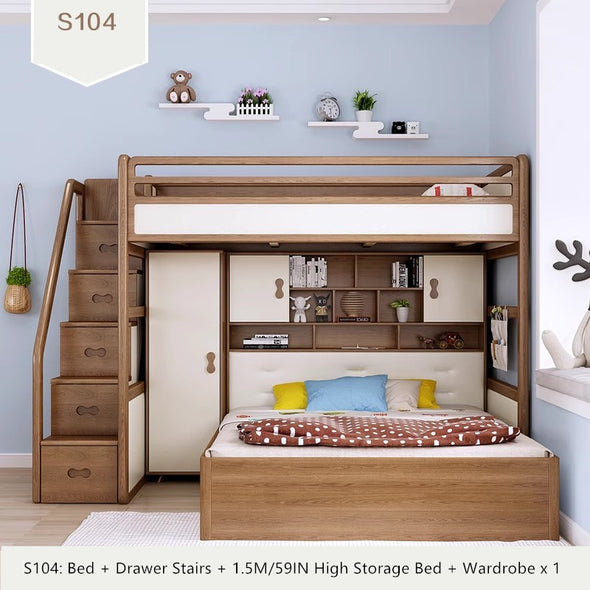 Solid Ash Wood Loft Bed with High Storage Bed Wardrobe and Drawer Stairs  and Desk Combination