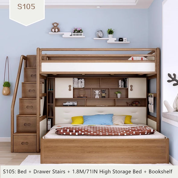 Solid Ash Wood Loft Bed with High Storage Bed Wardrobe and Drawer Stairs  and Desk Combination