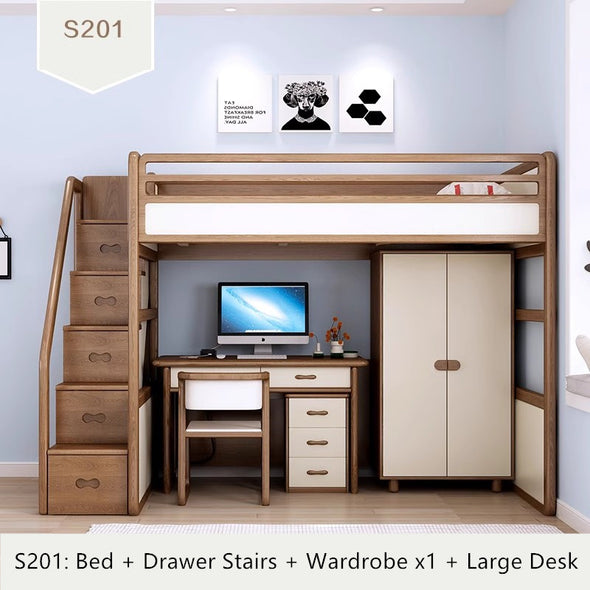 Solid Ash Wood Loft Bed with High Storage Bed Wardrobe and Drawer Stairs  and Desk Combination