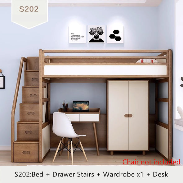 Solid Ash Wood Loft Bed with High Storage Bed Wardrobe and Drawer Stairs  and Desk Combination