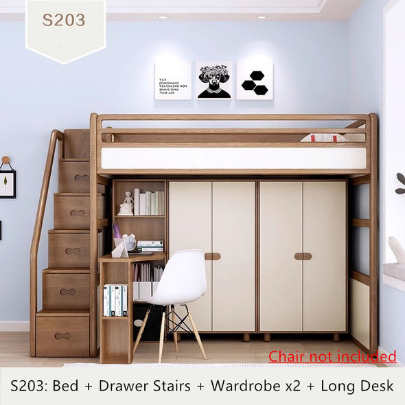 Solid Ash Wood Loft Bed with High Storage Bed Wardrobe and Drawer Stairs  and Desk Combination