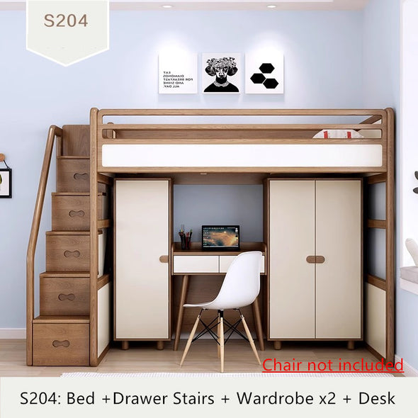 Solid Ash Wood Loft Bed with High Storage Bed Wardrobe and Drawer Stairs  and Desk Combination