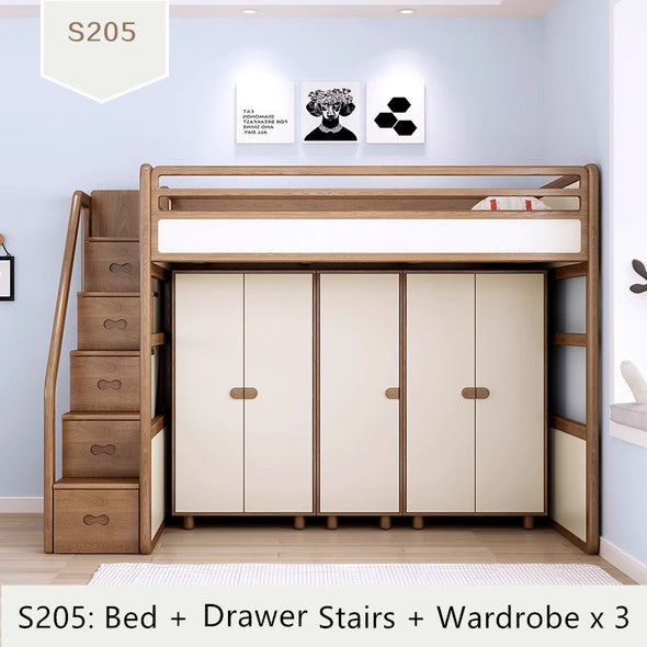 Solid Ash Wood Loft Bed with High Storage Bed Wardrobe and Drawer Stairs  and Desk Combination