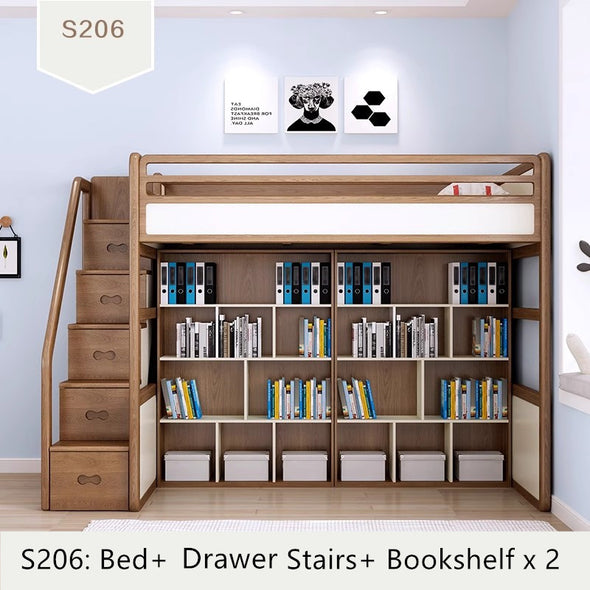 Solid Ash Wood Loft Bed with High Storage Bed Wardrobe and Drawer Stairs  and Desk Combination