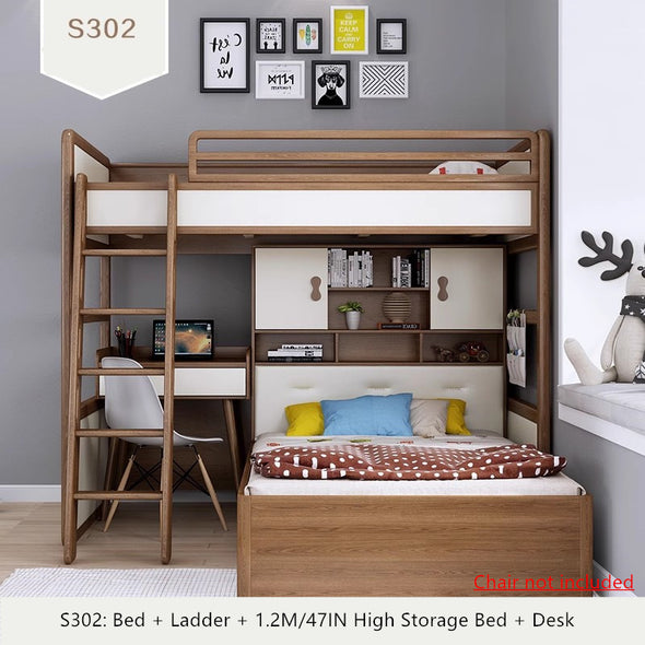 Solid Ash Wood Loft Bed with High Storage Bed Wardrobe and Drawer Stairs  and Desk Combination