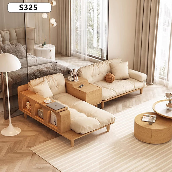 Japandi Solid Wood Sofa With Rotating Armrest Tray and Liftable End Table