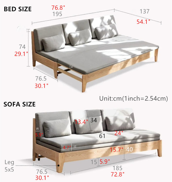 Japandi  Pull Out Sleeper Sofa Bed With Solid Wood Back Support