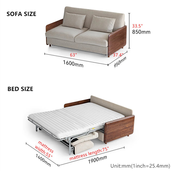 Light Luxury Walnut Wood Armrest Sleeper Sofa Bed with Mattress