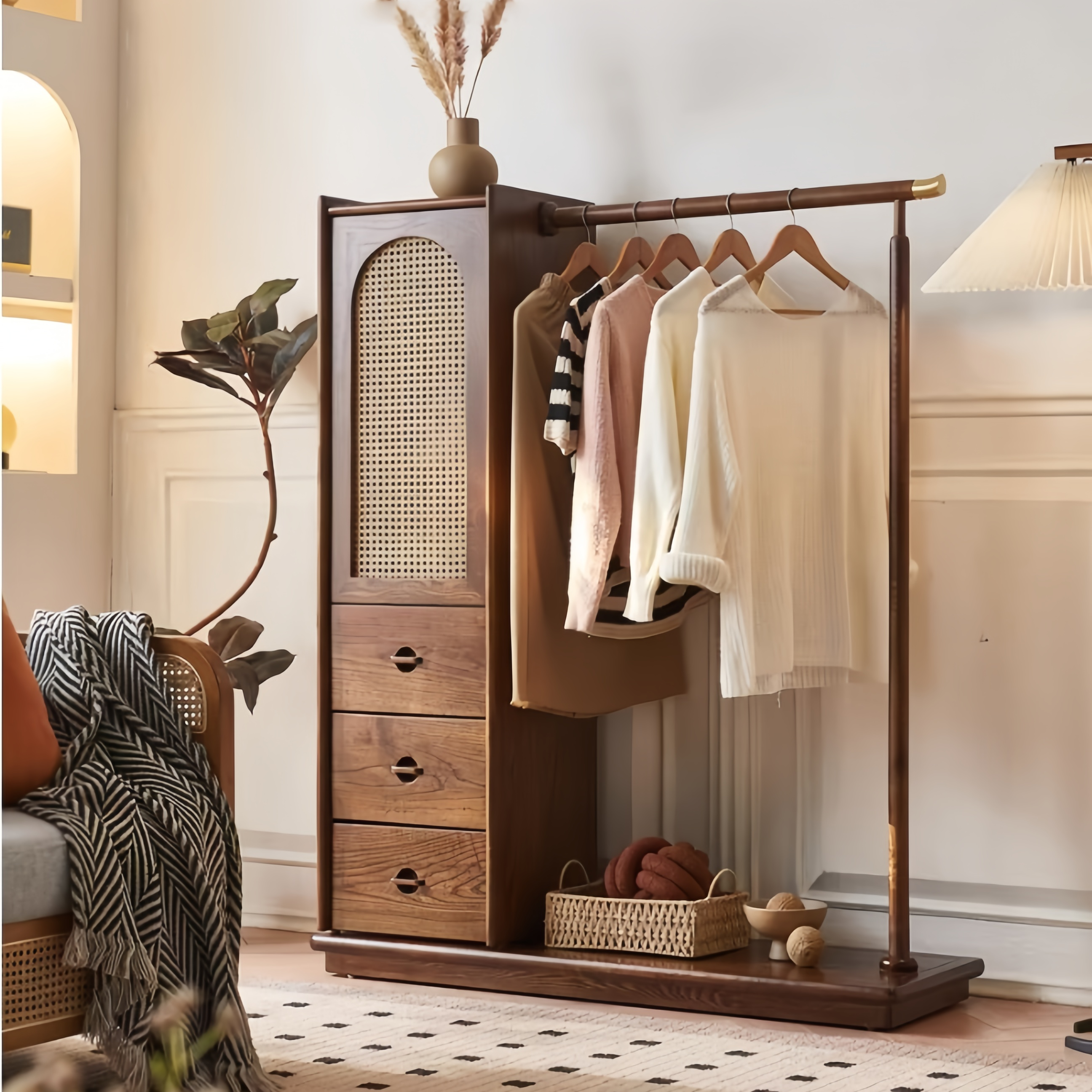 Solid Ash Wood Rattan Weaving Wardrobe with Coat Rack and Drawers
