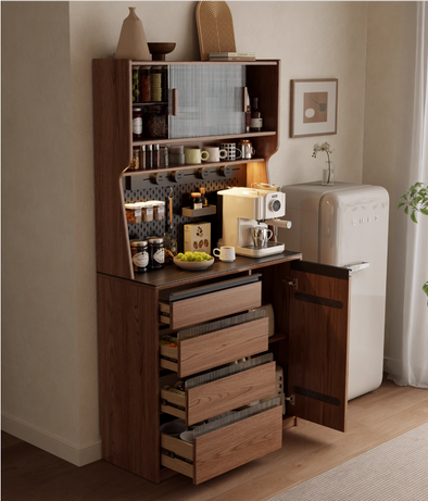 Solid Wood Coffee Bar Cabinet with Peg Board Organizer and Ample Storage