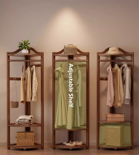 Solid Wood Corner Coat Rack with Adjustable Shelf