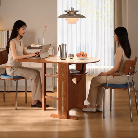 Solid Wood Double Drop Leaf Dining Table with Sintered Stone Tabletop