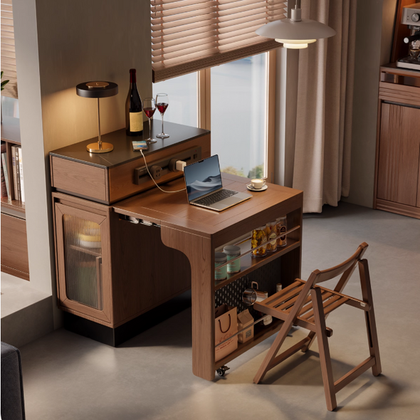 Solid Wood Extendable Kitchen Island Table with Storage and Foldable Dining Design