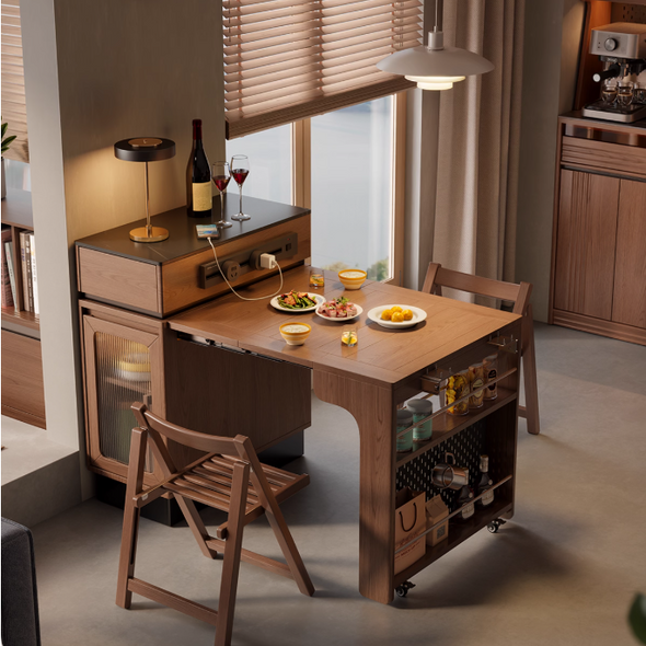 Solid Wood Extendable Kitchen Island Table with Storage and Foldable Dining Design