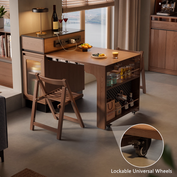 Solid Wood Extendable Kitchen Island Table with Storage and Foldable Dining Design