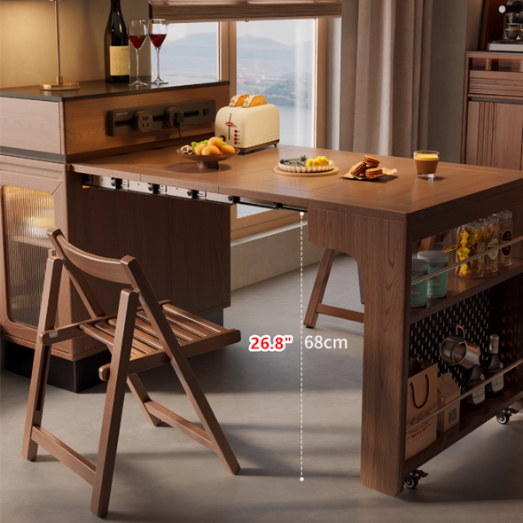 Solid Wood Extendable Kitchen Island Table with Storage and Foldable Dining Design