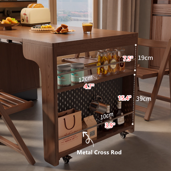 Solid Wood Extendable Kitchen Island Table with Storage and Foldable Dining Design