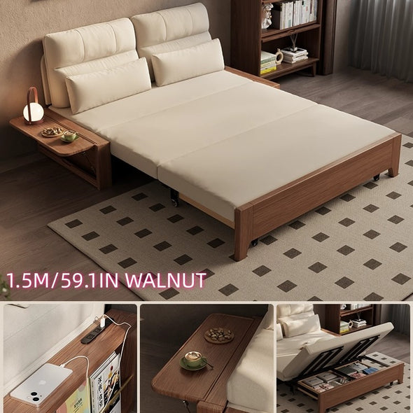 Solid Wood Metal Frame Convertible Sofa Bed with Hidden Storage