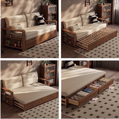 Solid Wood Pull Out Sofa Bed with Underneath Storage Drawers