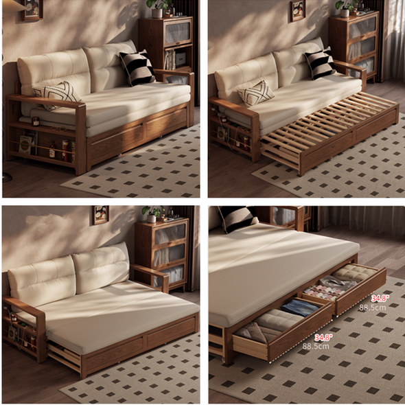 Solid Wood Pull Out Sofa Bed with Underneath Storage Drawers