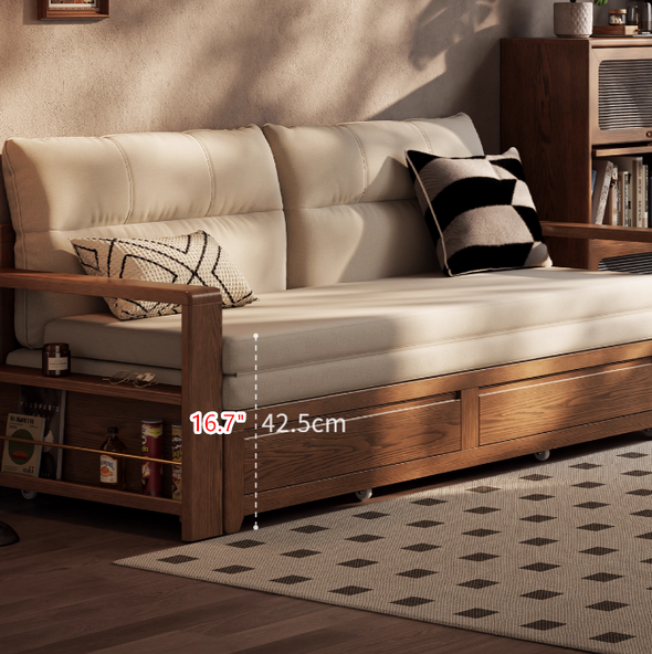 Solid Wood Pull Out Sofa Bed with Underneath Storage Drawers
