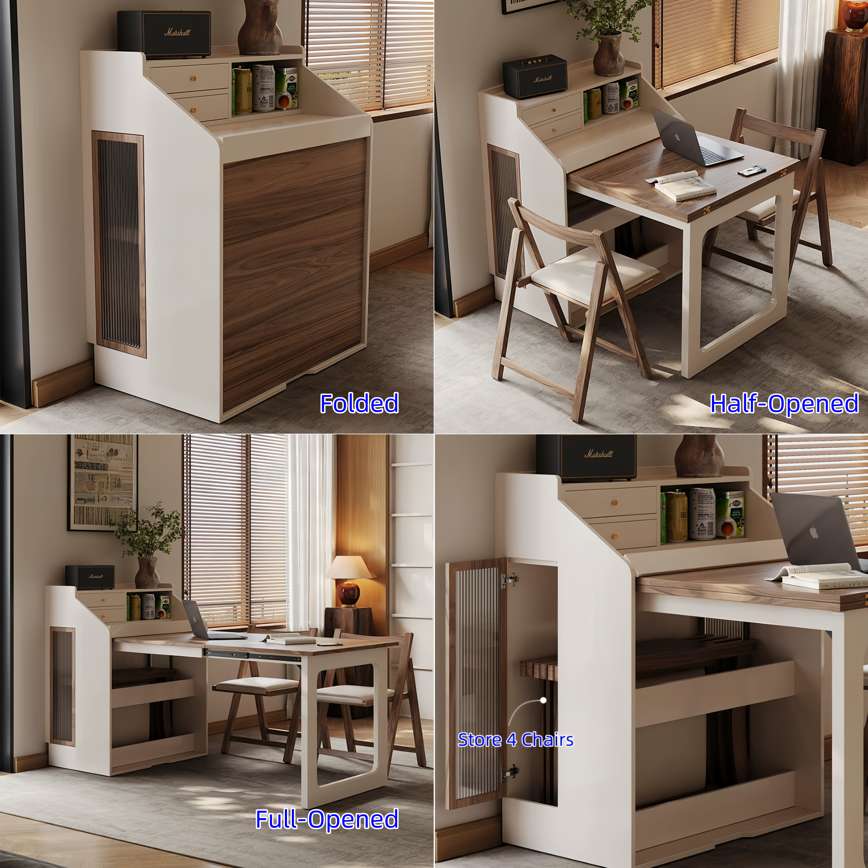 Space-Saving Dining Table with Hidden Chair Storage and Built-In