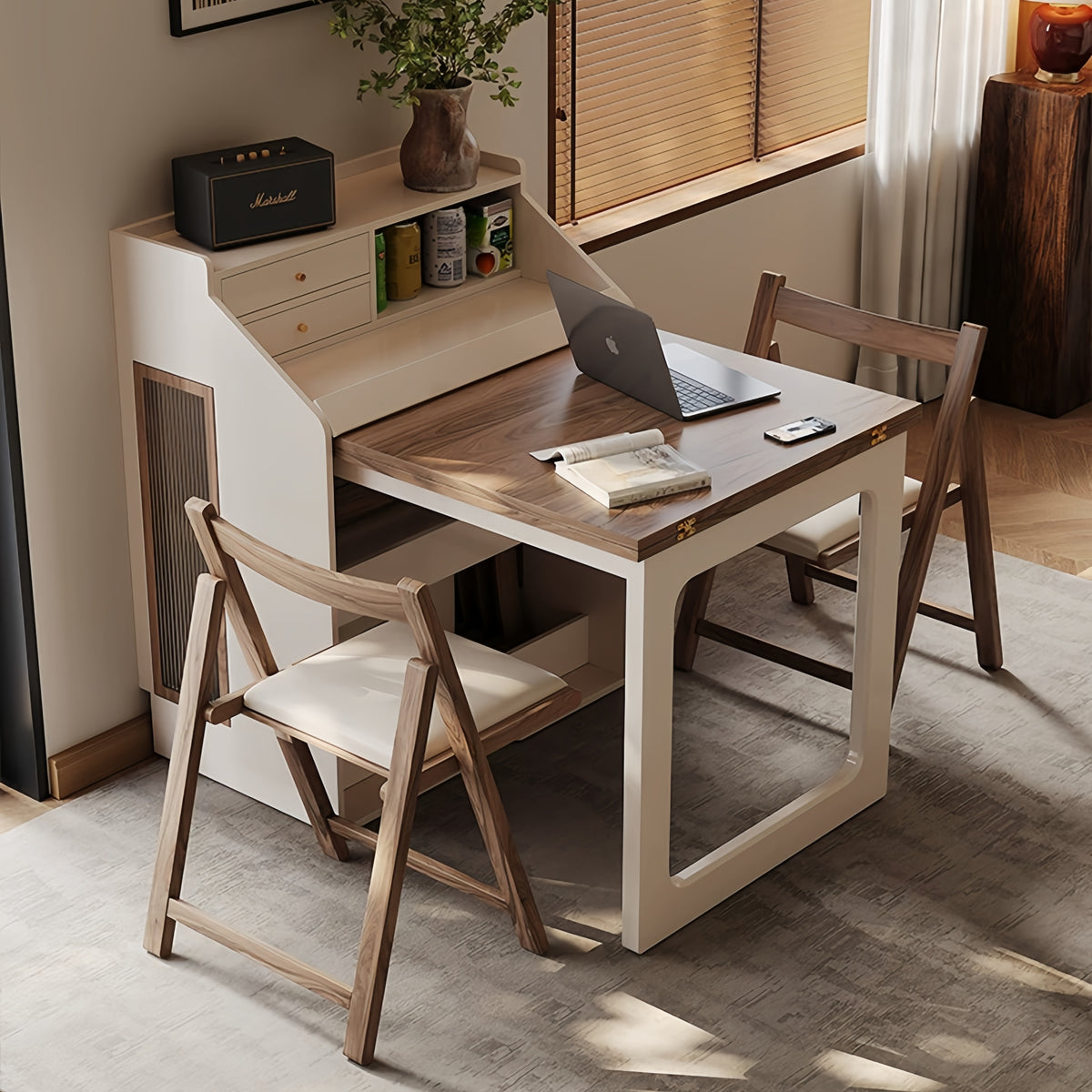 Space-Saving Dining Table with Hidden Chair Storage and Built-In Drawe ...