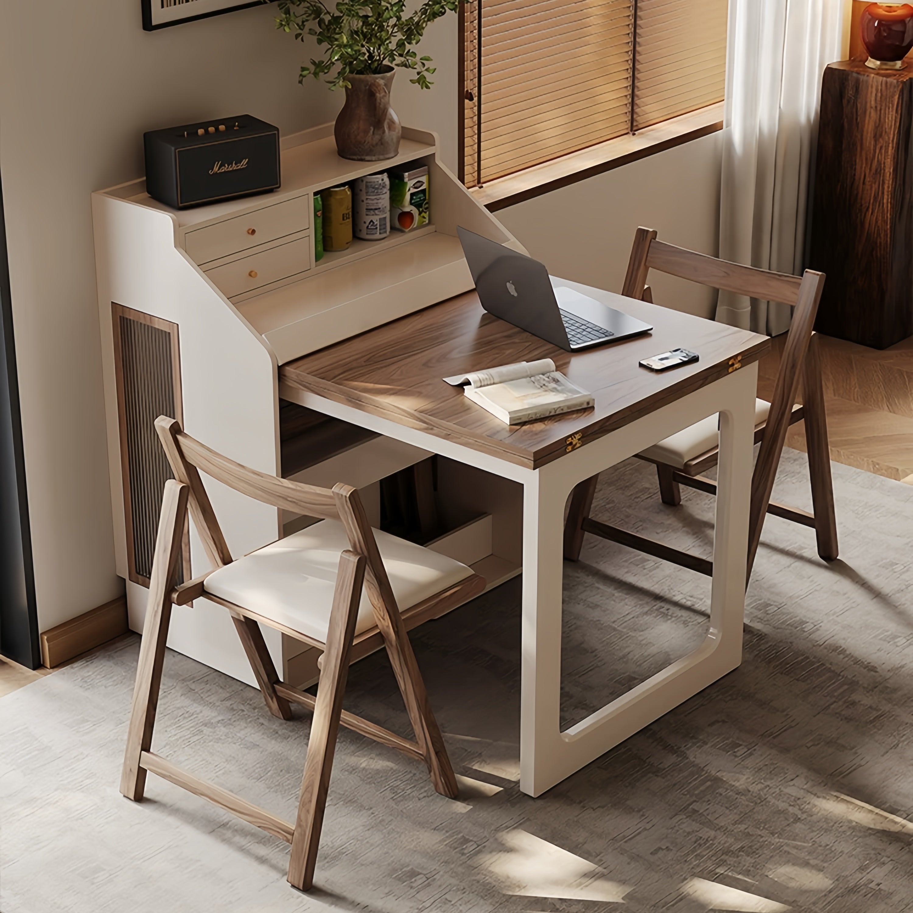 Space-Saving Dining Table with Hidden Chair Storage and Built-In