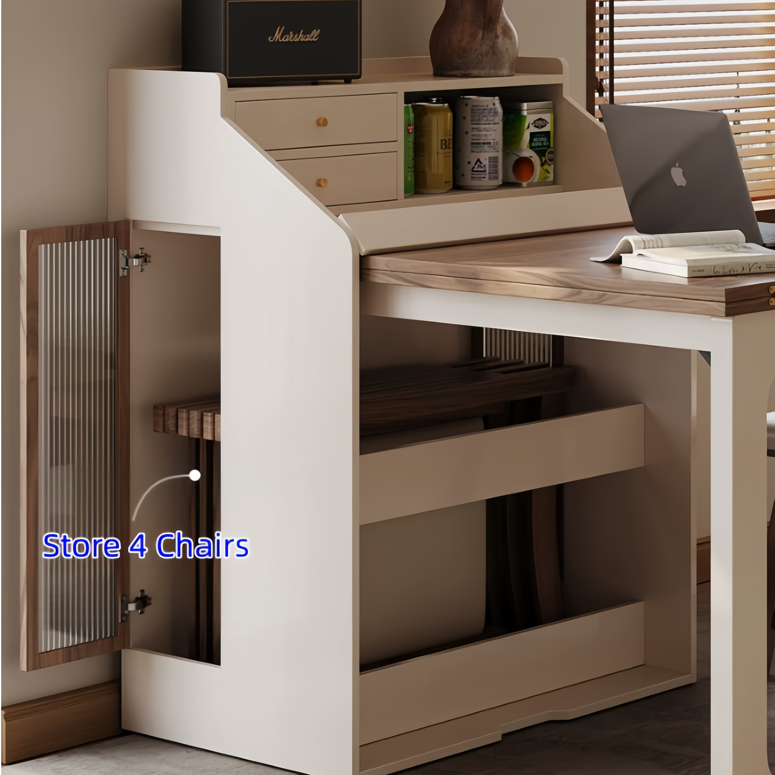 Space-Saving Dining Table with Hidden Chair Storage and Built-In Drawe ...