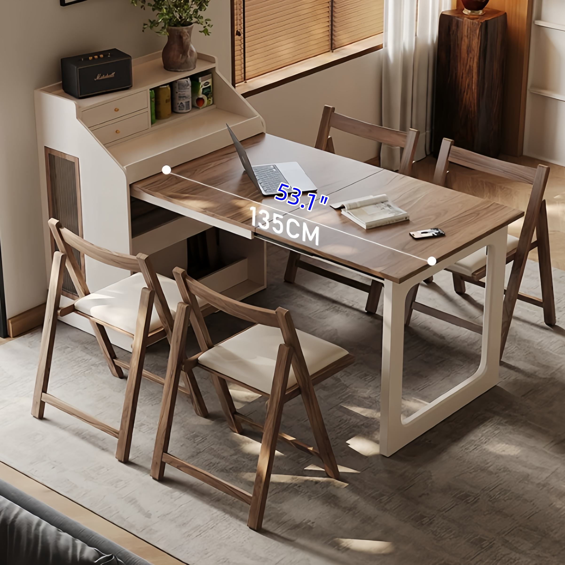 Space-Saving Dining Table with Hidden Chair Storage and Built-In Drawe ...