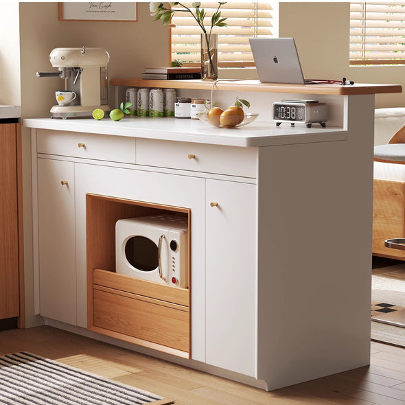 Space-Saving Extendable Kitchen Island Table with Large Storage Cabinet