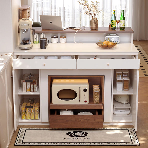 Space-Saving Extendable Kitchen Island Table with Large Storage Cabinet